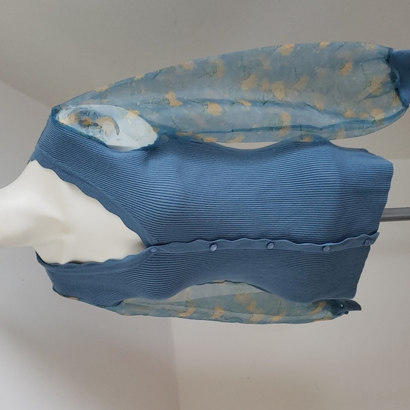 SIONI blu knit with Sheer floral Long Sleeves Sweater Top Cornflower blue Size S - Picture 3 of 16